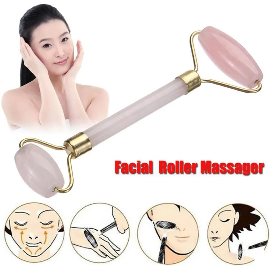 Massage à double tête Rouleau Natural Rose Quartz Crystal Jade Stone Anti Cellulite Rinde Facial Body Beauty Health Tool Pink 7334236