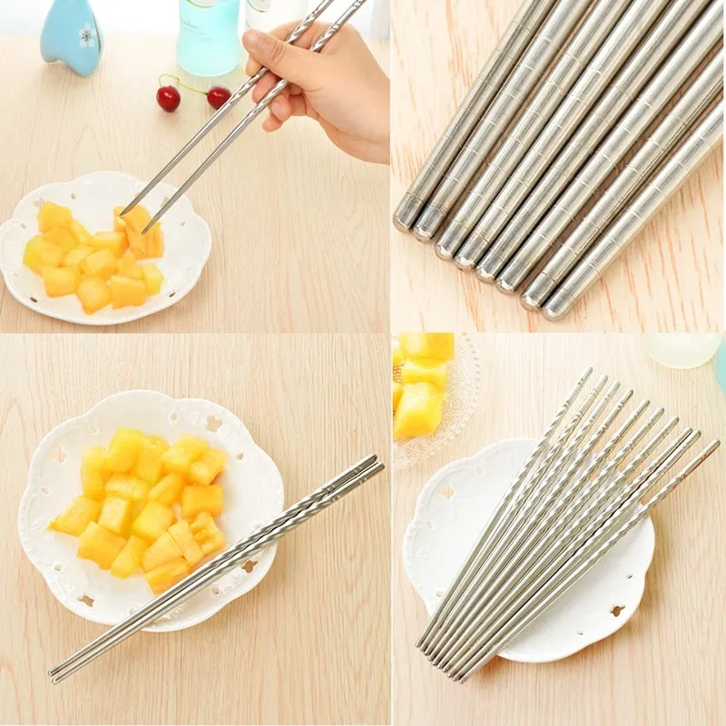 Kinesiska Non-Slip Stainless Steel Chopsticks Slitstarka Mat Sticks Silver Kinesisk Chopstick Hem Restaurang Porslin 1 Par