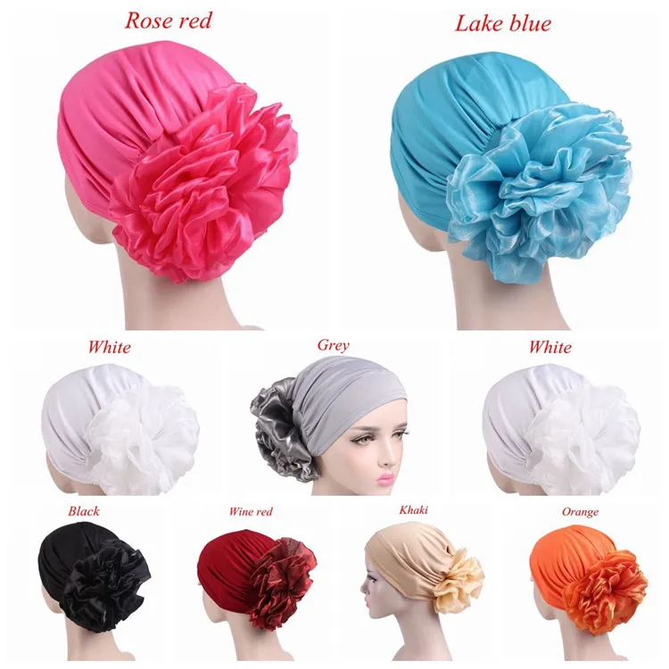 New Woman Big Flower Turban Elastic Cloth Head Cap Hat Beanie Ladies Hair Accessories Muslim Scarf Cap for Hair Loss Girl Hats