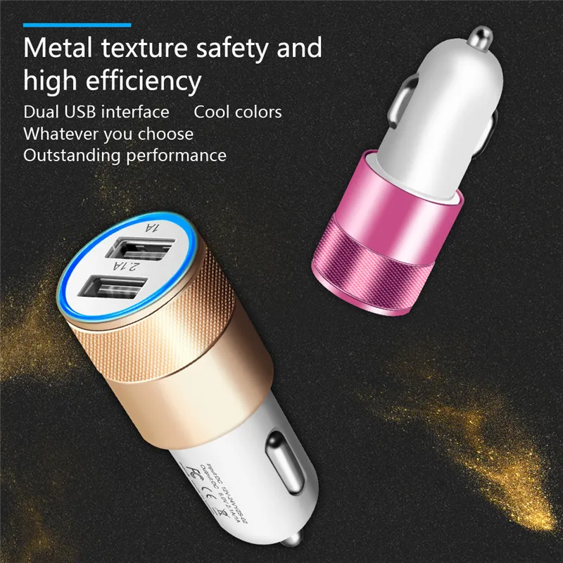 818 Metal Dual USB Port Car Charger Universal 2.1 A Led Charging Adapter For smart phone and tablet pc