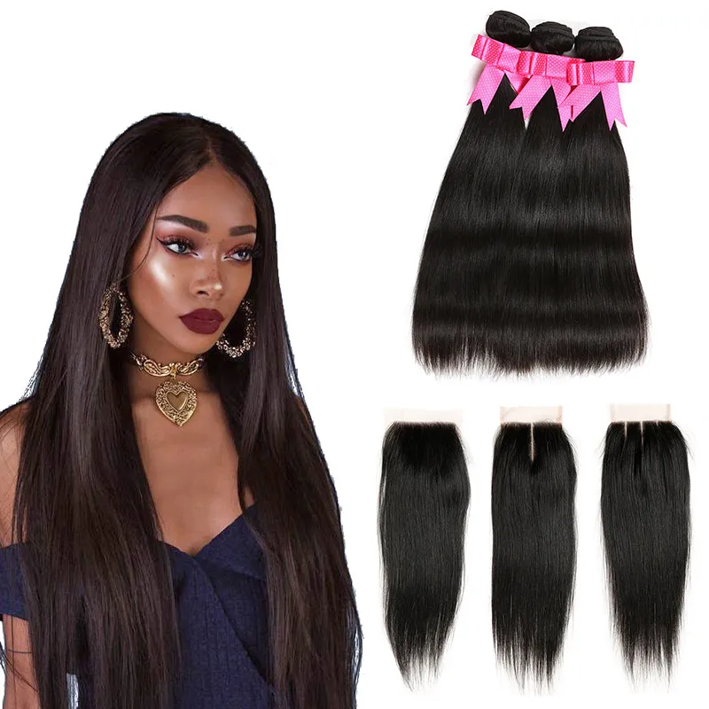 Brazilian Long Straight Virgin Hair 3 Bundles with Lace Closure Brazilian Human Hair Weaves with Closure Natural Color Wholesale Cheap Deals
