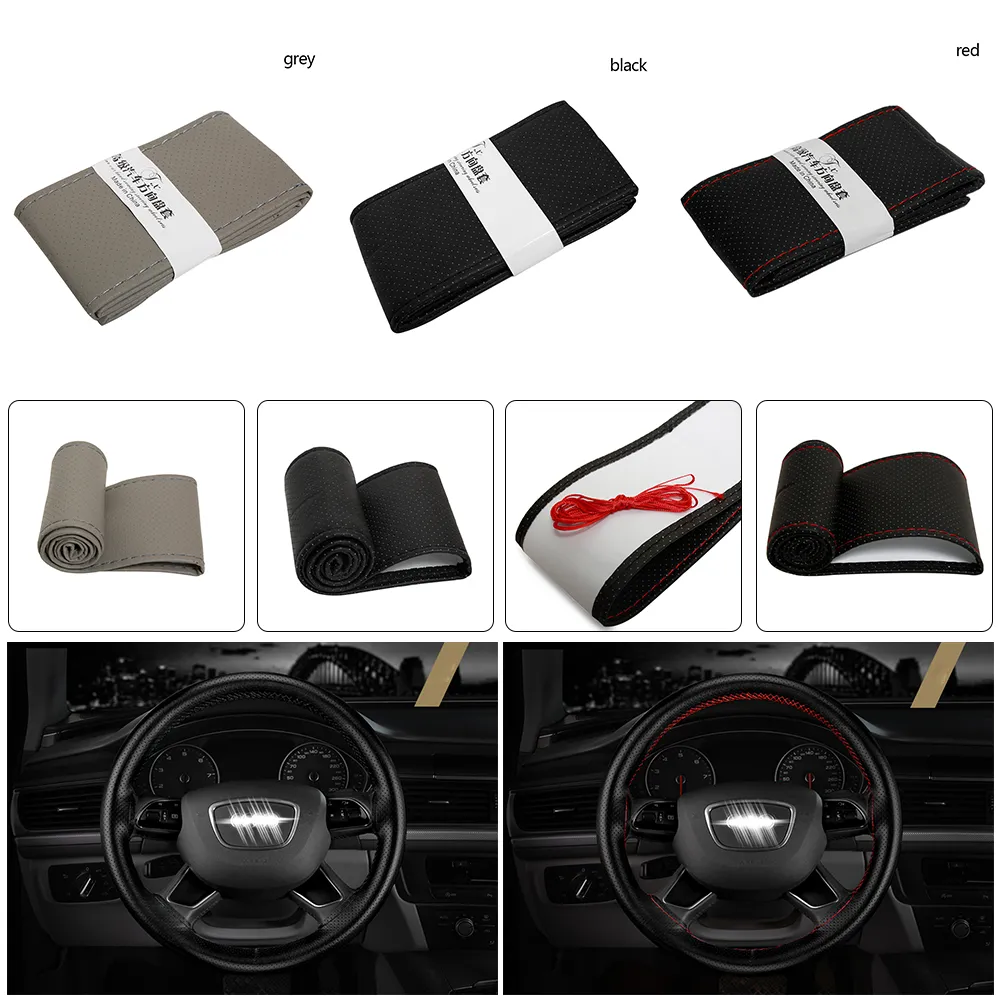 HOT Sale!!! HotNew DIY Auto Car Truck Leather Steering Wheel Cover With Needles and Thread Black/Red/Grey