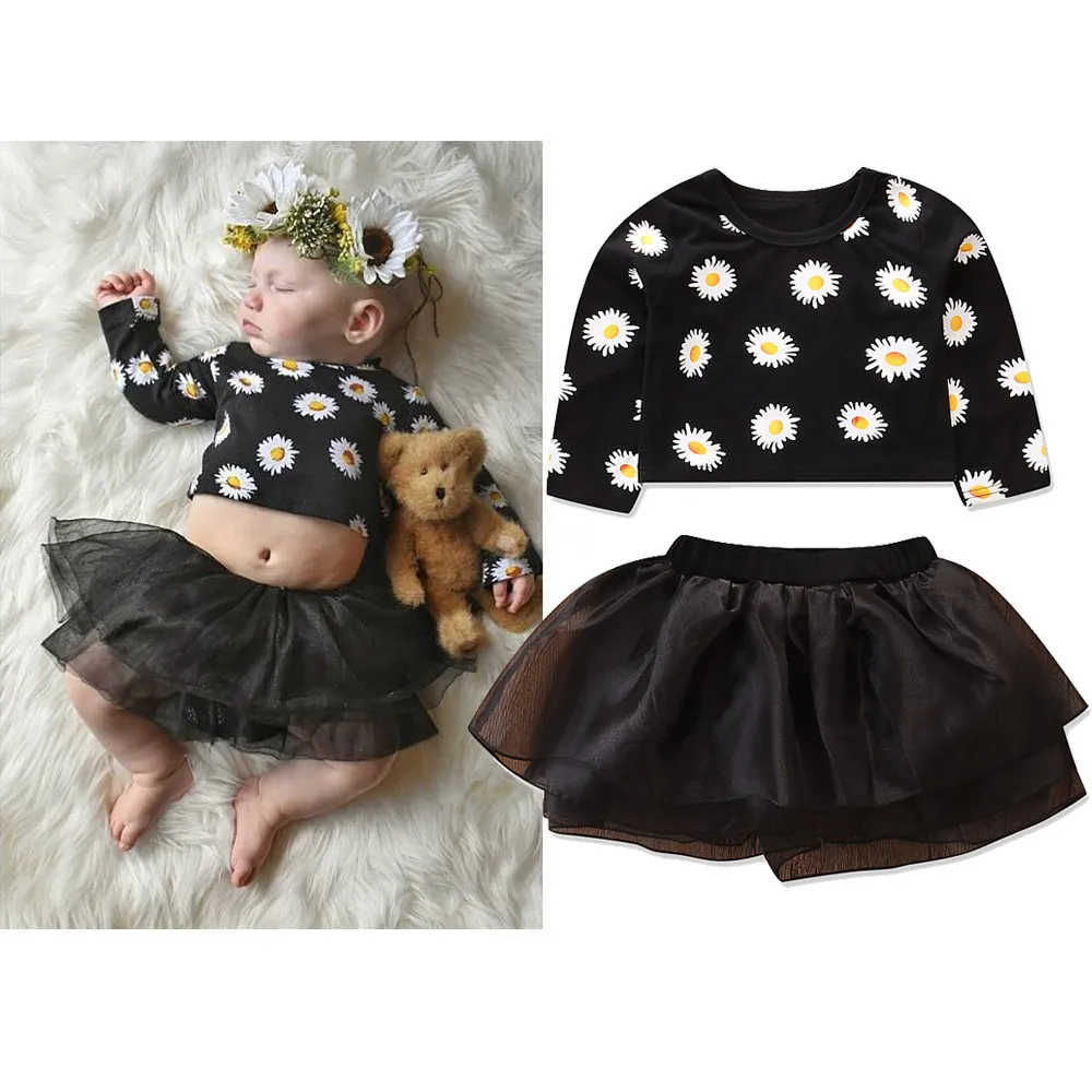 Baby flicka kläder spädbarn toddler tjejer kläder set långärmad daisy print gröda toppar + tutu kjol 2pcs baby outfits barn barn kläder