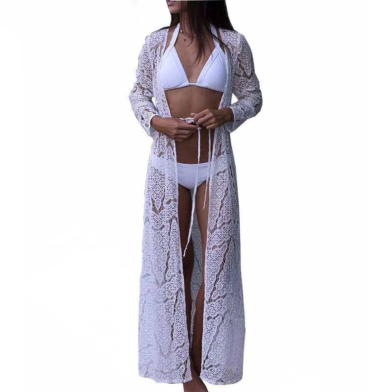 해변 커버 여성 레이스 크로 셰 뜨개질 비키니 롱 커버 Up Pareos Para playa 비치 튜닉 Robe de Plag 수영복 커버 업