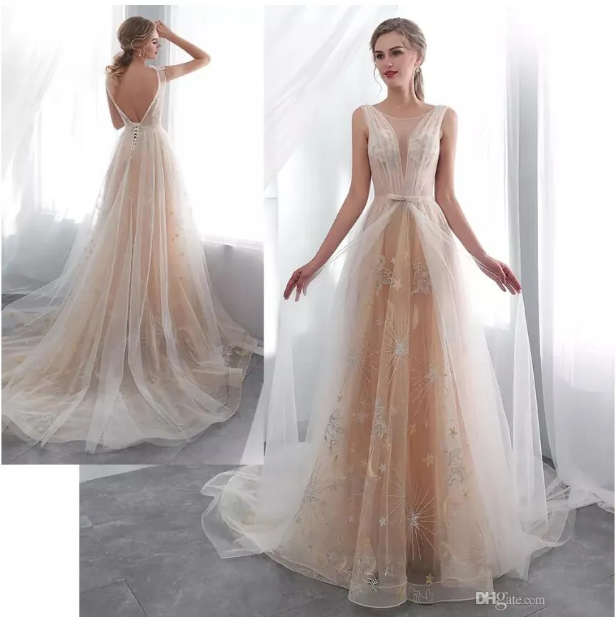 Eve of Milady 2019 Abiti da sposa Gioiello Collo Tulle Sash Boho Abiti da sposa Abiti da sposa aperti senza schienale Abiti da sposa sexy in pizzo da spiaggia