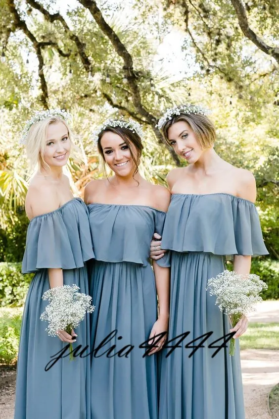 2019 Skromne Druhna Suknie Linii Długie Teal Błękitny Szyfon Kraj Plaża Junior Maid of Honor Gowns Wedding Party Guest Guest