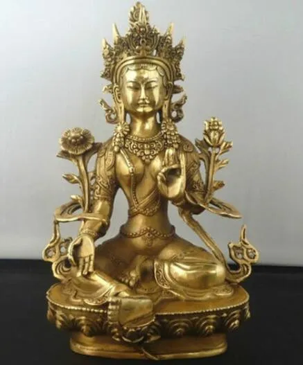 Requintado Budismo Tibetano Bronze Tara Verde Deus Deusa Kwan-yin Estátua Escultura de Buda
