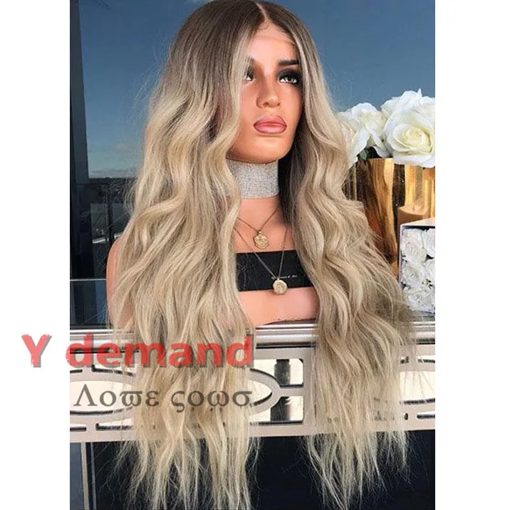 Moda 26 "Ombre Pelo rubio largo ondulado Pelucas sintéticas Cabello con flequillo Afroamericano para mujeres negras En stock