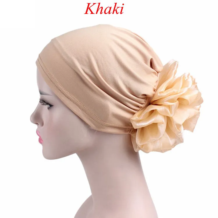 New Woman Big Flower Turban Elastic Cloth Head Cap Hat Beanie Ladies Hair Accessories Muslim Scarf Cap for Hair Loss Girl Hats