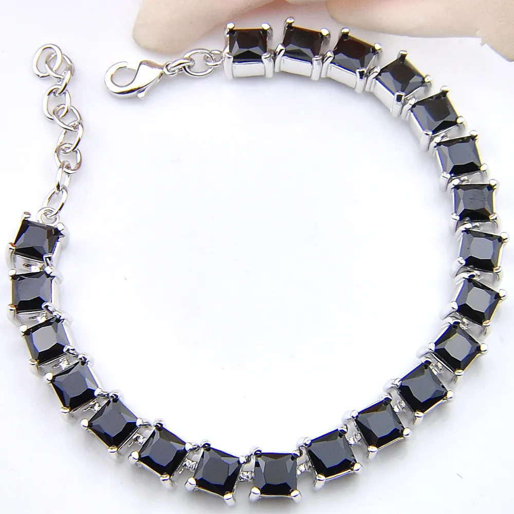 Luckyshine Classic Glänsande Obsidian Square 925 Silver Men Tennis Armband Lovers Armband Bangles Presentfest 5 st Gratis