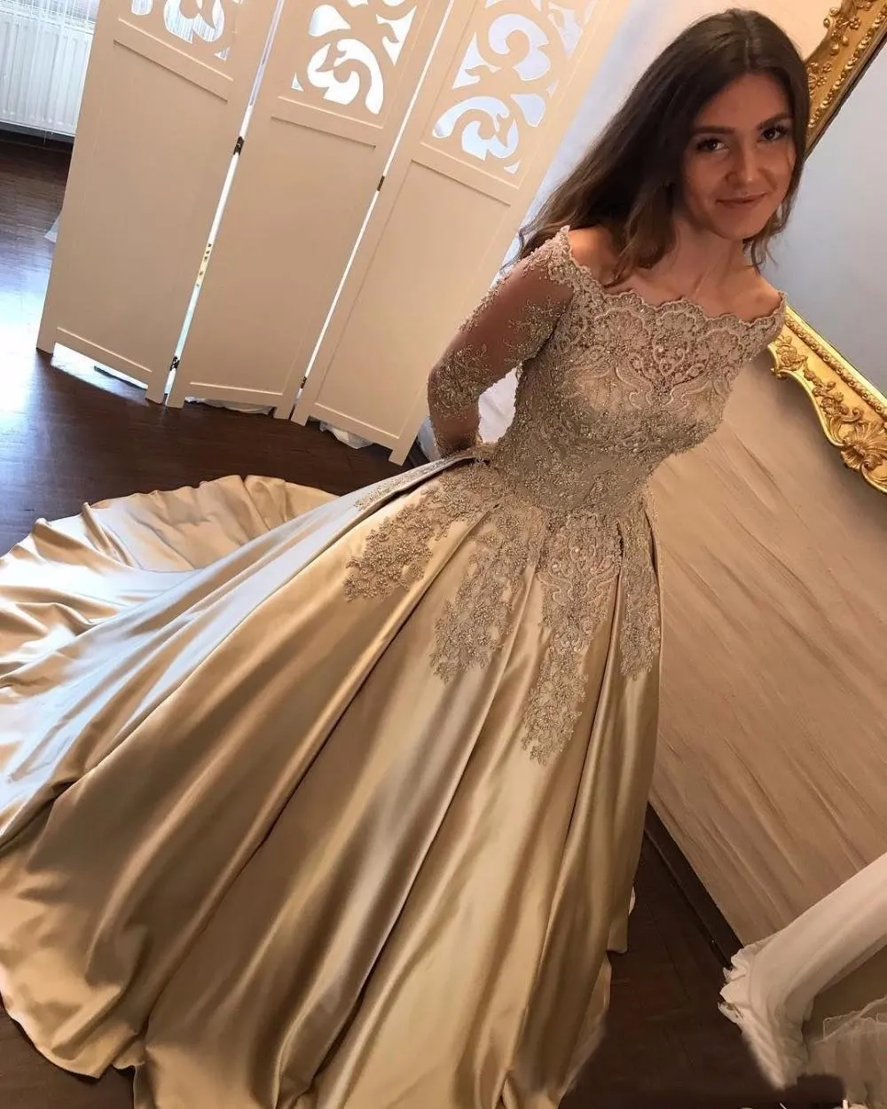 Champagne gold prom dress shop