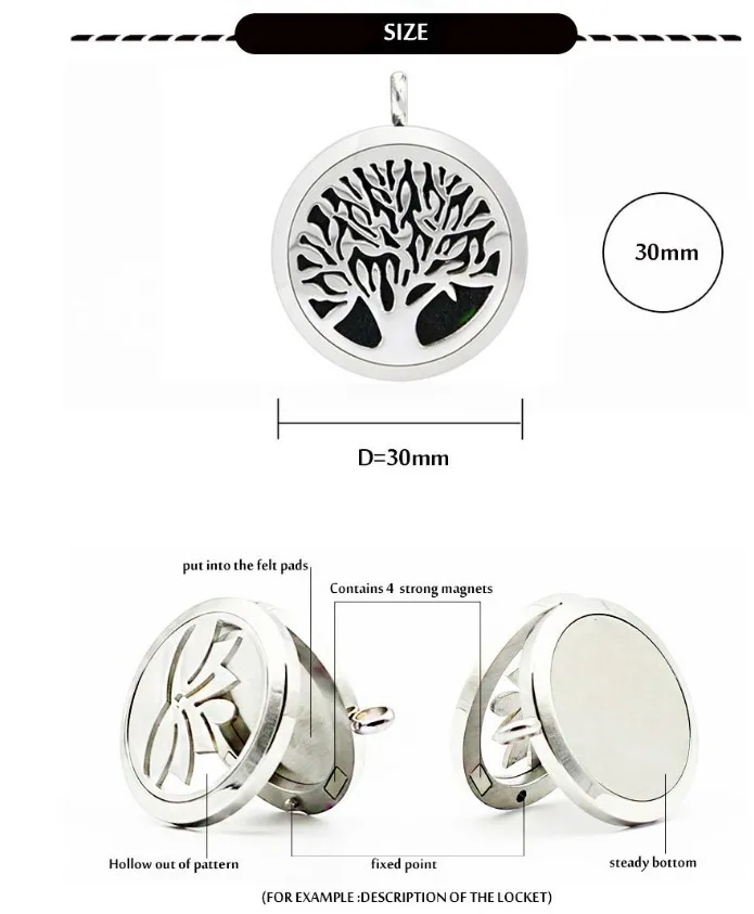 Tree of Life Pendant 30mm Aromatherapy Essential Oil Stainless Steel Necklace Perfume Diffuser Oils Locket Send chain and Felt Pads as Gift
