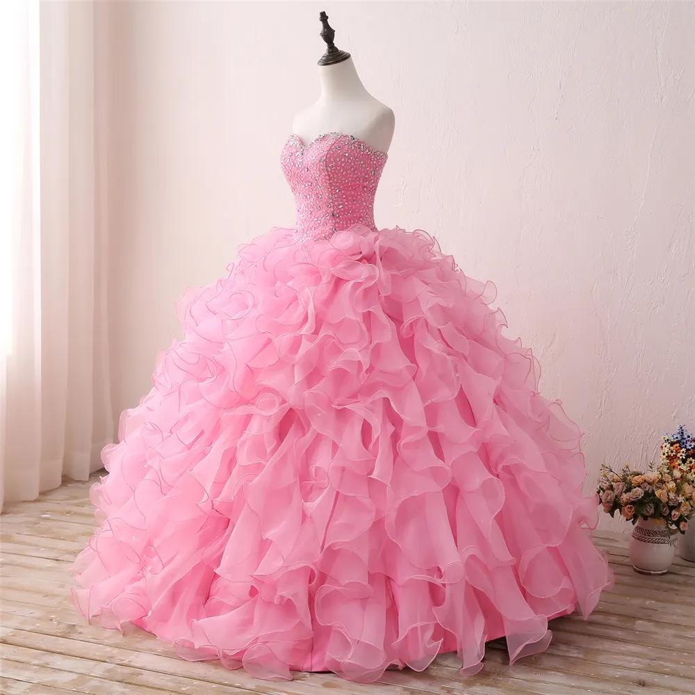 2018 Novo chegou real foto sexy rosa cristal bola vestido quinceanera vestido com beading lantejoulas doces 16 vestido vestido debutante vestidos bq127