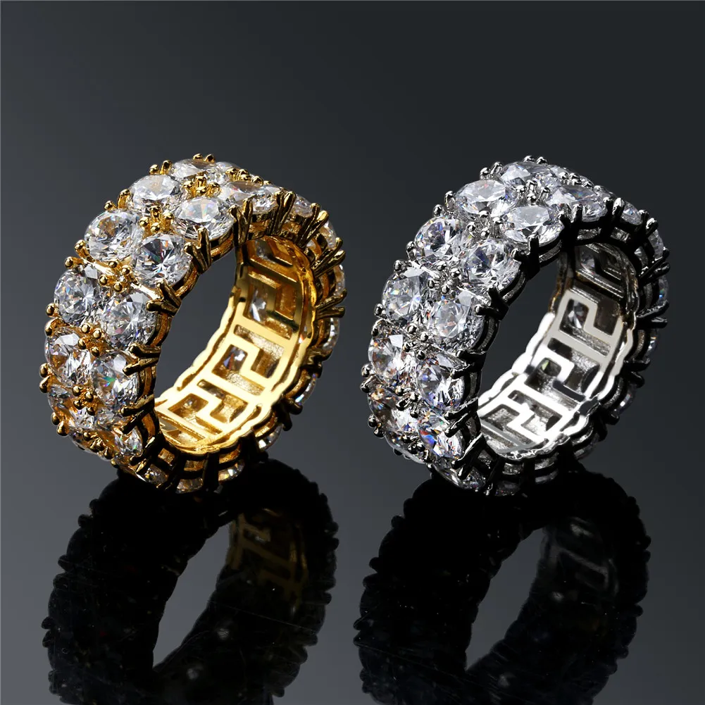 Hip Hop Iced Out Copper Gold Silver Color Plated Micro Pave CZ Stone 2 Row Round Ring Men Women Charm Jewelry329i