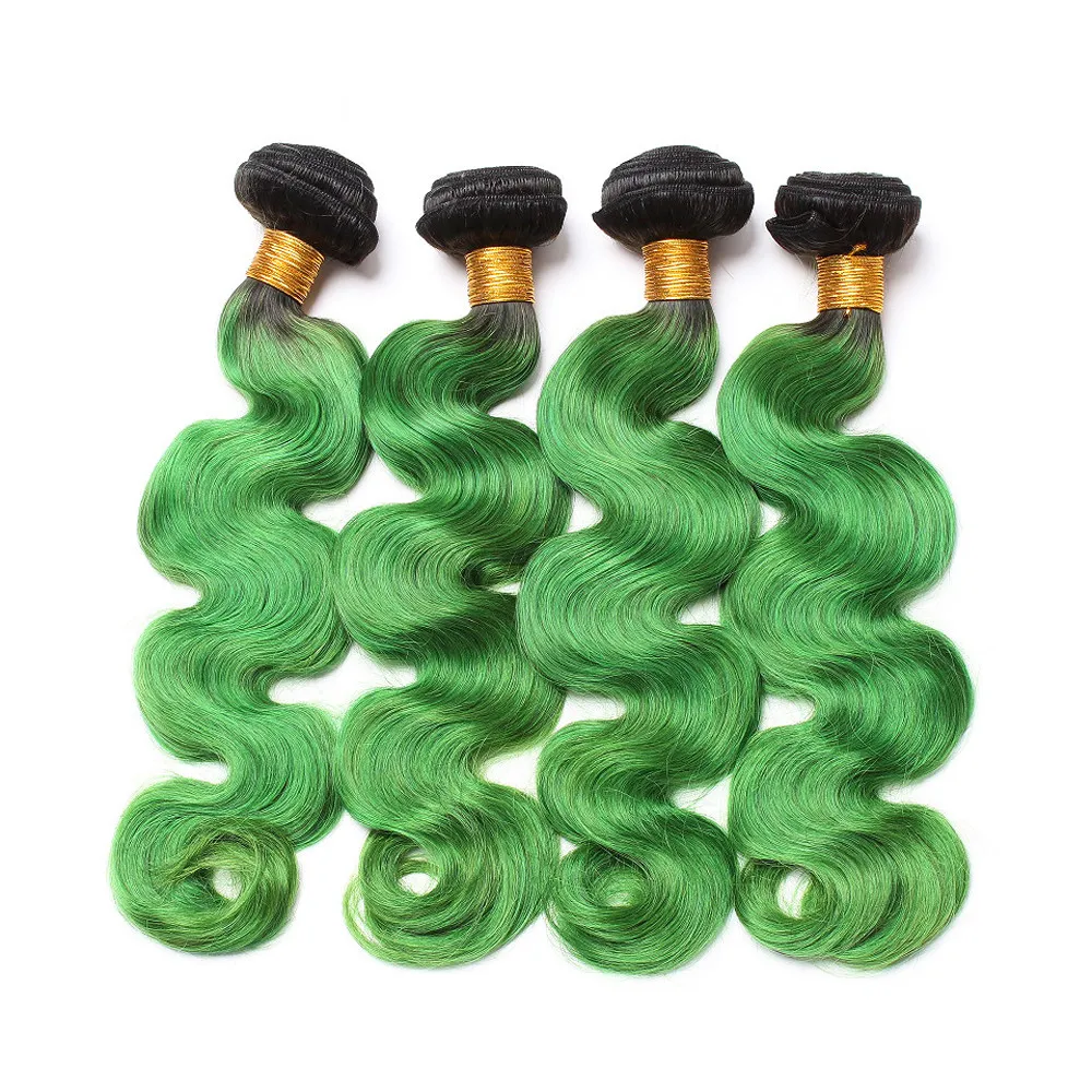 1B / Vert Ombre Malaisienne Vierge Corps Vague de Cheveux Humains Tisse 3Bundles avec 4x4 Deux Tons Vert Ombre Dentelle Avant Fermeture 