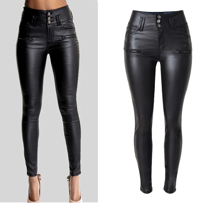 Women's Sexy Faux Leather Stretch Skinny Pants Lady Black High Waisted Slim Jeans Trousers