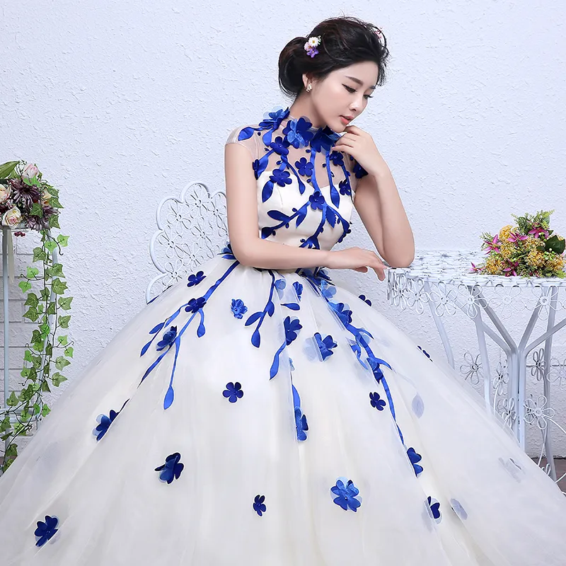 4 färg röd svart blå vintage hög nacke blommor bröllopsklänning 2018 ny koreansk stil prinsessa billig spetsboll vestidos de novia