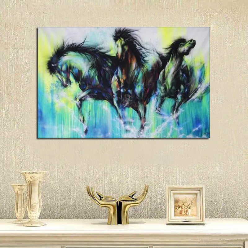 Muurkunst Geen ingelijst abstract olieverfschilderij Drie blauwe paarden rennen Pure Handgemaakte Dieren Paarden Canvas Home Decor7960537
