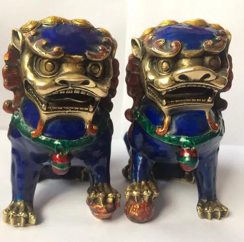 A Pair Chinese Statue en Cuivre Cloisonné - Lion Foo Dog Cadeaux de décoration Artisanat en Métal