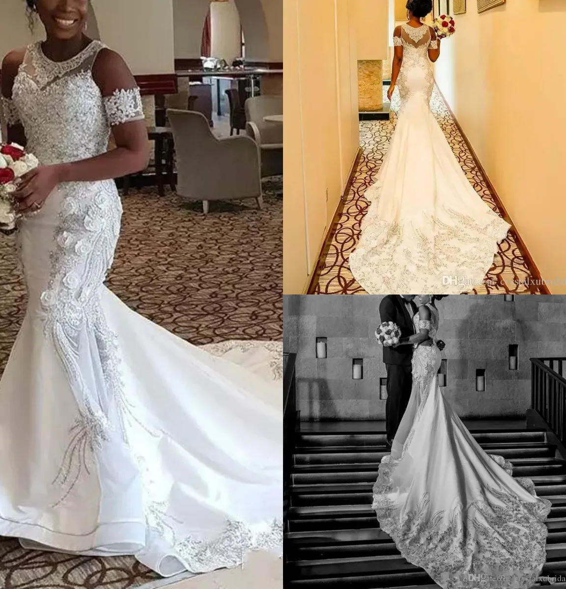 Vestidos de novia de talla grande Cuello de joya Apliques de encaje Con cuentas Mangas cortas desmontables Vestido de novia de campo Tren de barrido Vestidos de novia africanos