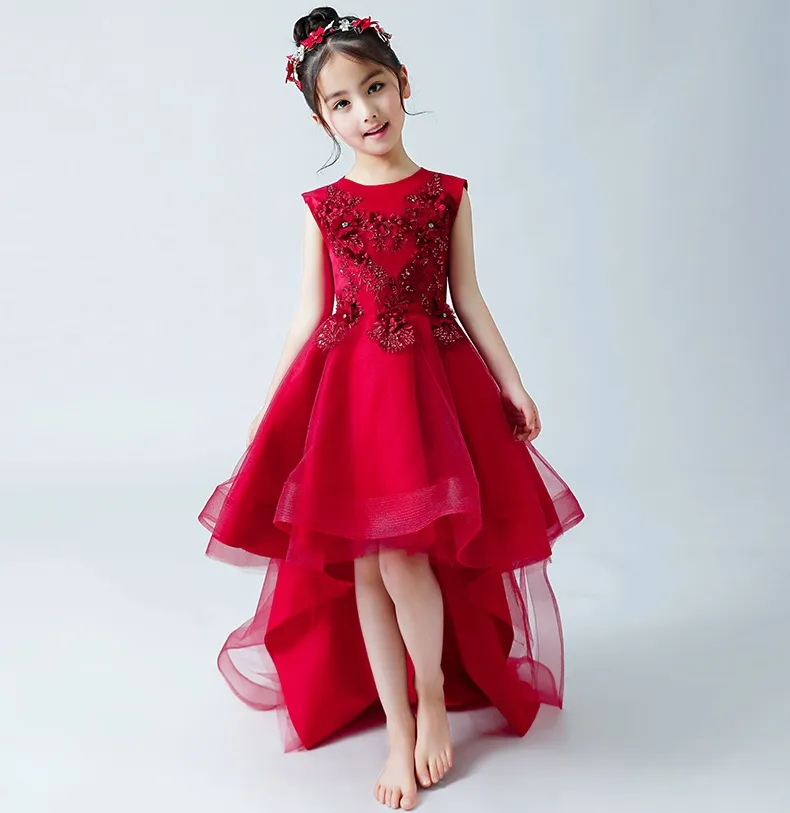 Czerwony Wysoki Niski 3D Appliqued Flower Girls Sukienki na Wesela Zroszony Toddler Pagewant Suknie Hollow Powrót Organza Kids Prom Dress