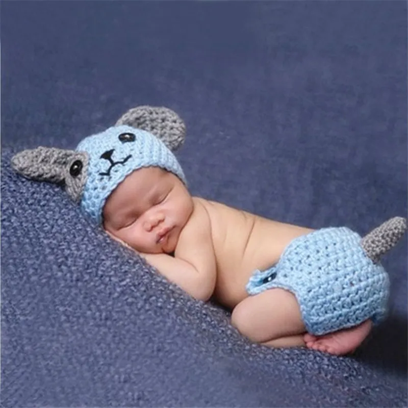 Nuovo arrivo Big Ear Dog Design Infant Baby Unisex Crochet Animal Costume Puntelli per foto lavorato a maglia Boy Girls Animal Outfits Fotografia Puntelli