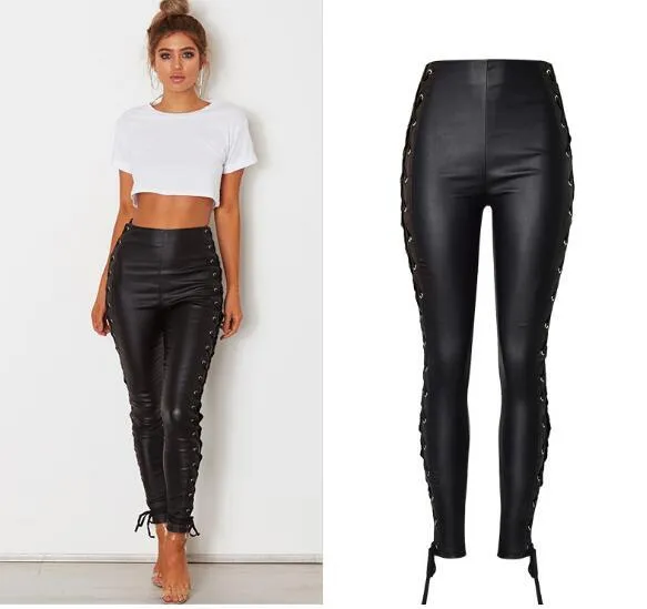 Womens Sexy Side Lace Up Faux Leather Pants Black PU High Waisted Skinny Stretch Jeans Trousers From Bikini trade 39.62 DHgate.Com