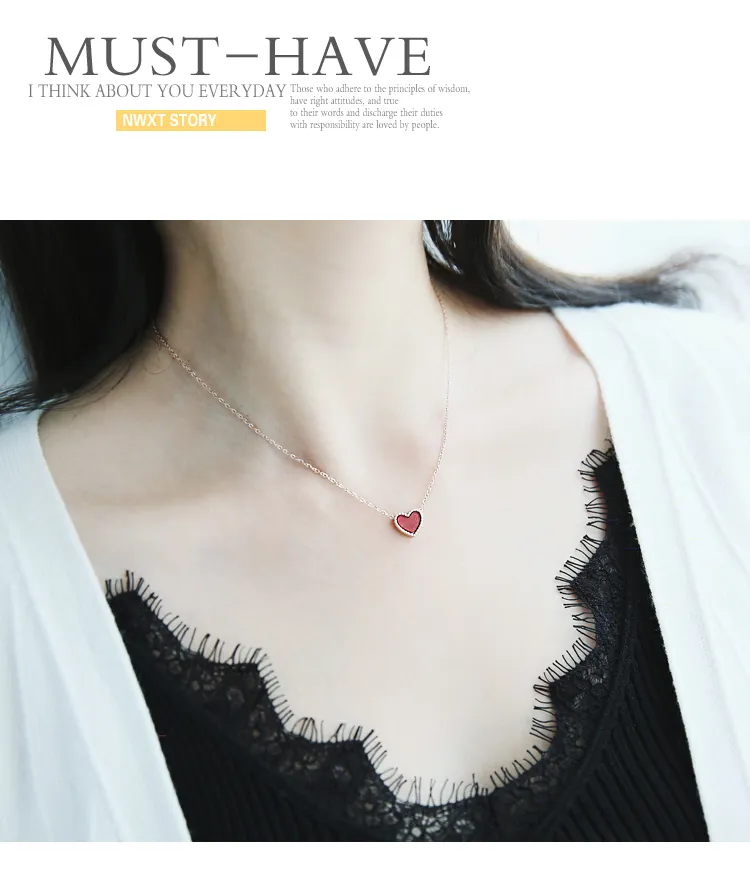 Korean Red Heart Pendant Plated Rose Gold Black and Red Double-sided Love Necklace Girls Short Clavicle Fade Jewelry Chain