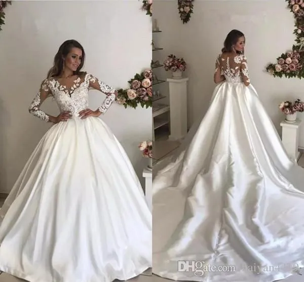 Robes de mariée en dentelle à manches longues Une ligne Jewel Neck Appliques Sheer Neck Robe de mariée Court Train Robe de mariée Robes de mariée Robe de mariée