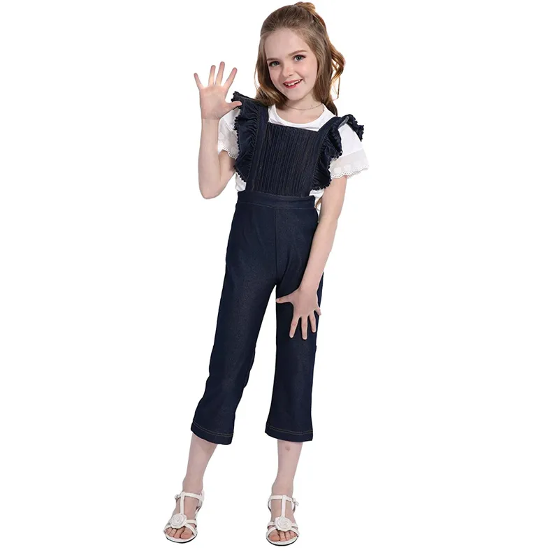 Baby Girls Flying Sleeve Ruffles Romper Kids Backless Jumpsuit Barn Velvet Playsuit Bibpants Outfits Set 2 Färger