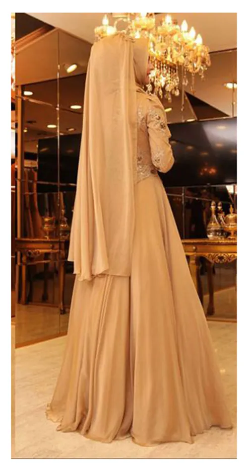 2018 Bling Gold Dubai Muslim Abendkleider mit Kap Chiffon Lange Ärmel Kaftan Abayas Arabisch Abendkleider Robe Islamische Kleider