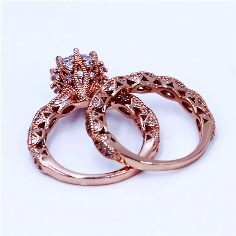 Vecalon Vintage Jewelry Women ring set 3ct Diamonique Cz Rose Gold Filled 925 silver Anniversary wedding ring for women men
