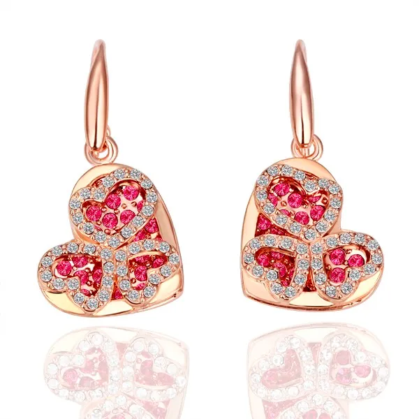Clássico 18k rosa banhado a ouro coração feminino brincos de gota genuíno cristal austríaco moda feminina brincos jóias para mulher