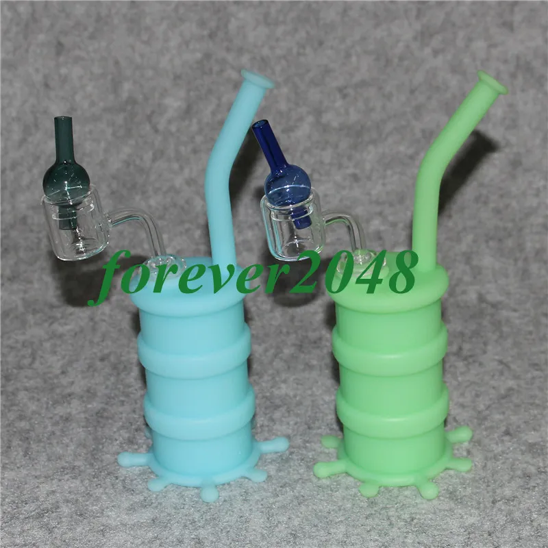 Silicone Hookah Water Bongs Silicon Oil Dab Rigs Water Pipes With Clear 14mm Male Quartz Nails + glass carp cap glow in the dark