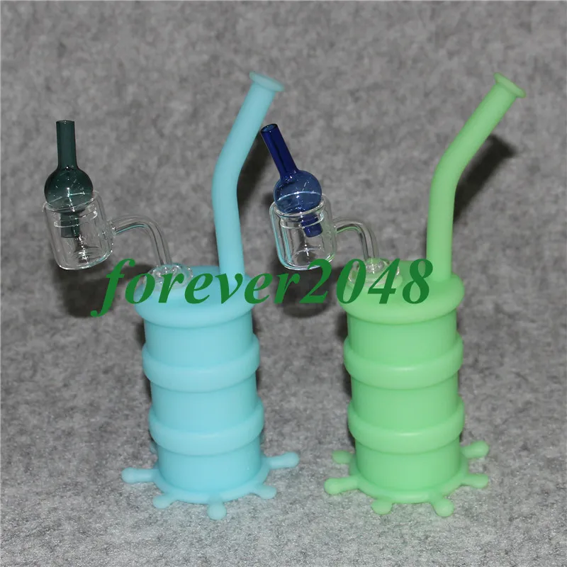 Glow in the dark Silicone Hookah Bongs pipe à eau en silicone pour plate-forme pétrolière avec clou en quartz transparent à double tube et bouchon de carpe en verre