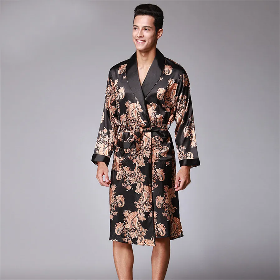 Men Robe 2018 Spring New Kimono Bathrobe Gown Faux Silk Robes Long Sleeve Home Clothes Male Sleewear Bath Geisha L XL XXL 2 094 DHgate