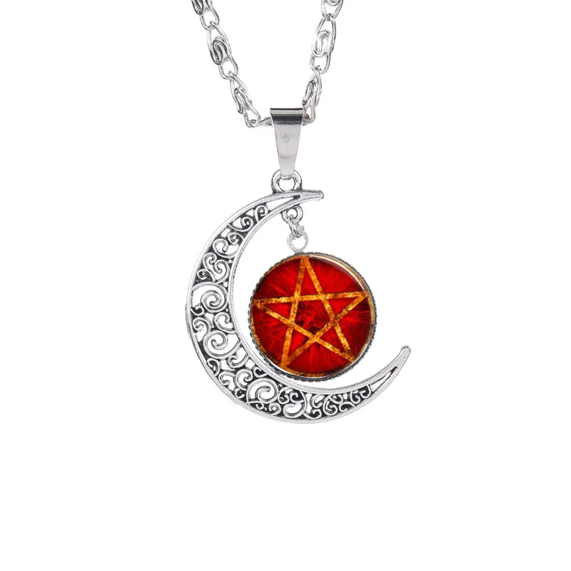 Nieuwe vijfpuntige ster hanger kettingen Hollow Moon Cabochons Glas Moonstone Pentagram Ketting voor Damesmen Hekserij Sieraden