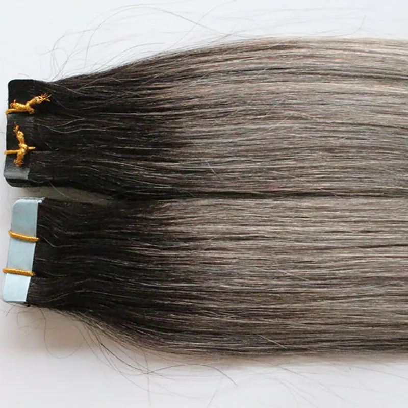 T1B/Gris Ombre Bande dans les Extensions de Cheveux gris cheveux vierges 40 Pièces Bande Adhésive Peau Trame Cheveux 100 Grammes