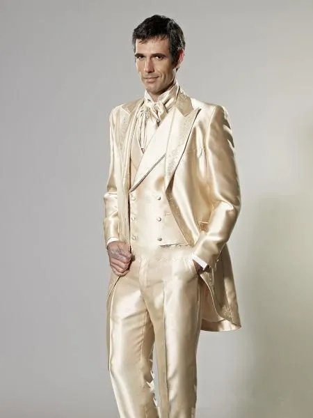 Rano Style Gold TailCoat Men Wedding Tuxedos Znakomity Groom Tuxedos Men Design Prom Ceremonial Sukienka (kurtka + spodnie + krawat + kamizelka) 797
