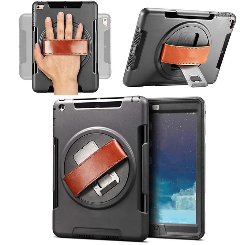 2020 för iPad Pro 10.5 9.7 för iPad Air 2 Mini 4 Kickstand 360 Degree Rotable Tote Hand Strap Shock Fodral