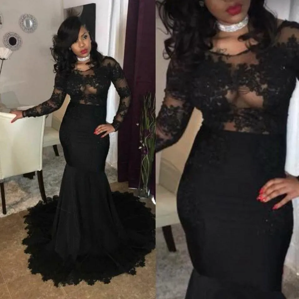 Sexy Black Mermaid Prom Dresses Lange Mouwen Kant Applique Afrikaanse Avondjurken Rits Back Vestidos de Festa