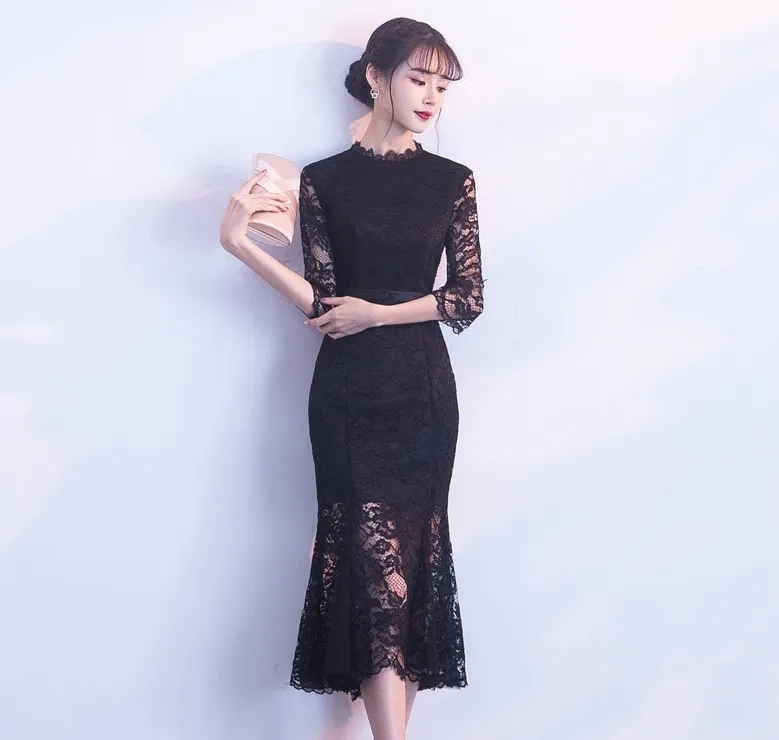 New Arrival 2020 Black Red Green Cheap Lace Chinese Cheongsams With Half Sleeves Sash Mermaid Party Prom Dresses Custom Made