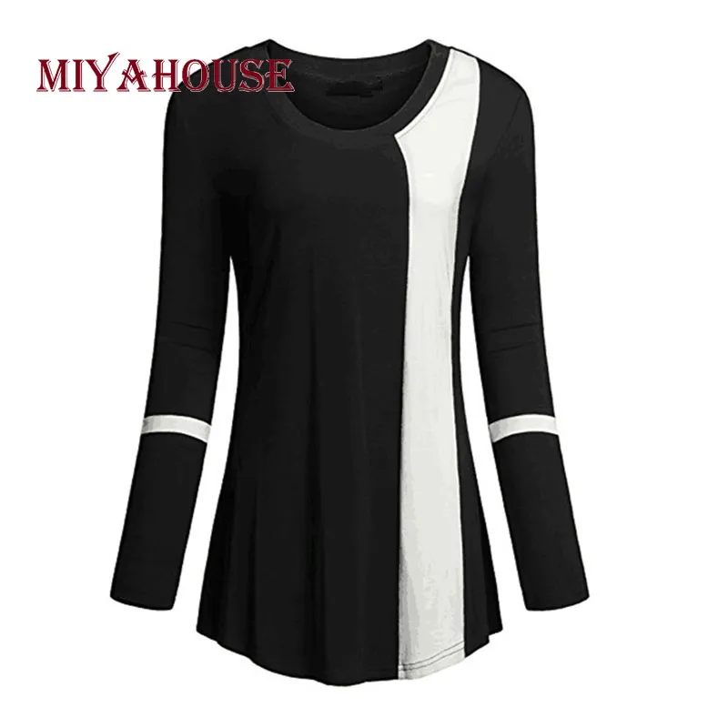 Miyahouse Patchwork col rond dame T-Shirt printemps automne à manches longues femmes chemises décontracté coton grande taille hauts amples pour femme