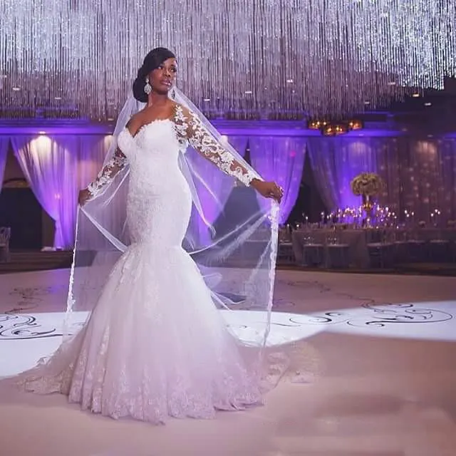 Robes De Mariée Sirène Hors Épaule Manches Longues Appliques Dentelle Plus La Taille Sur Mesure Robes De Mariée Dos Nu Balayage Train 2018