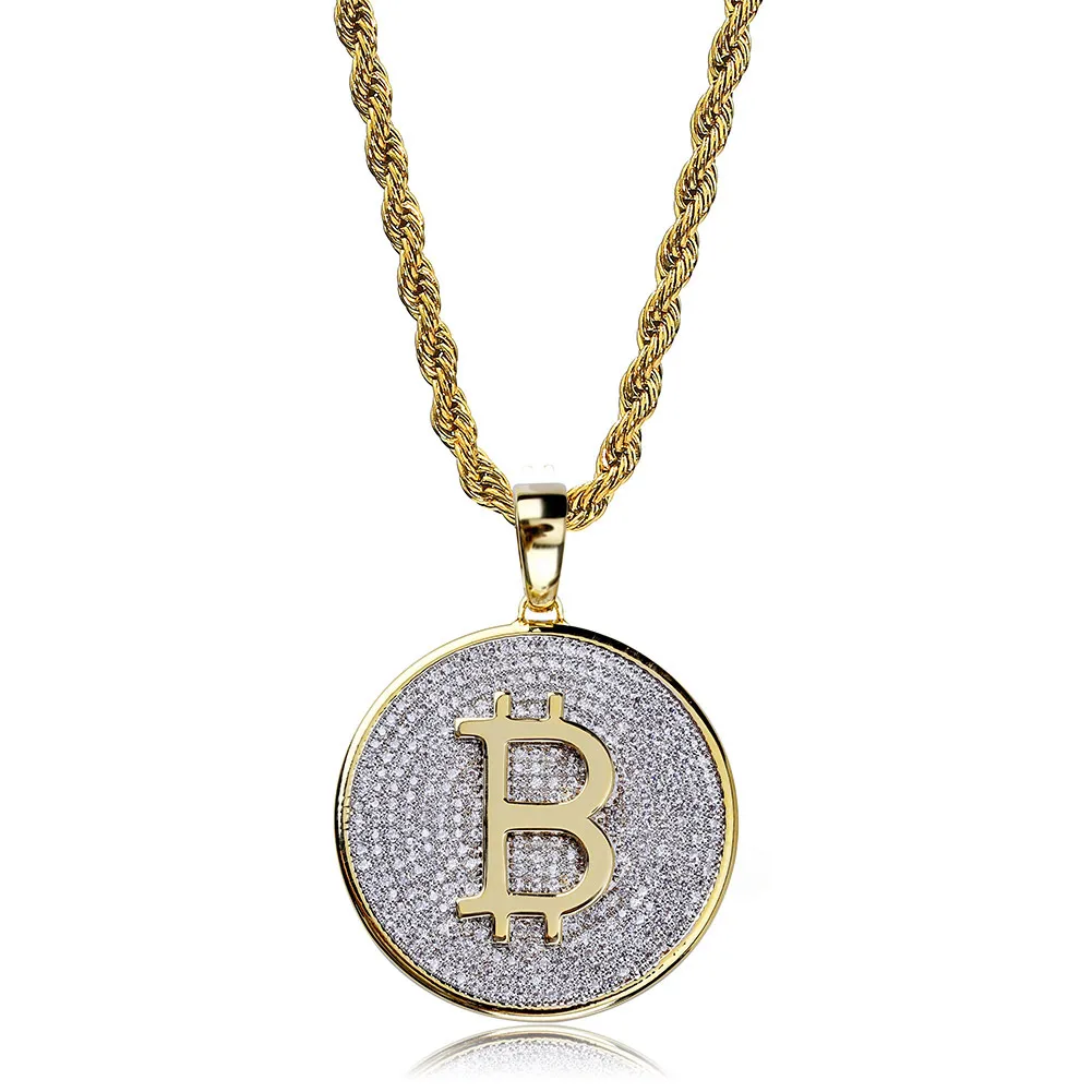 Colar de pingente para fora congelado banhado a ouro Rodada Bitcoin com corda Cadeia Hip Hop Mens Zircon jóias dom