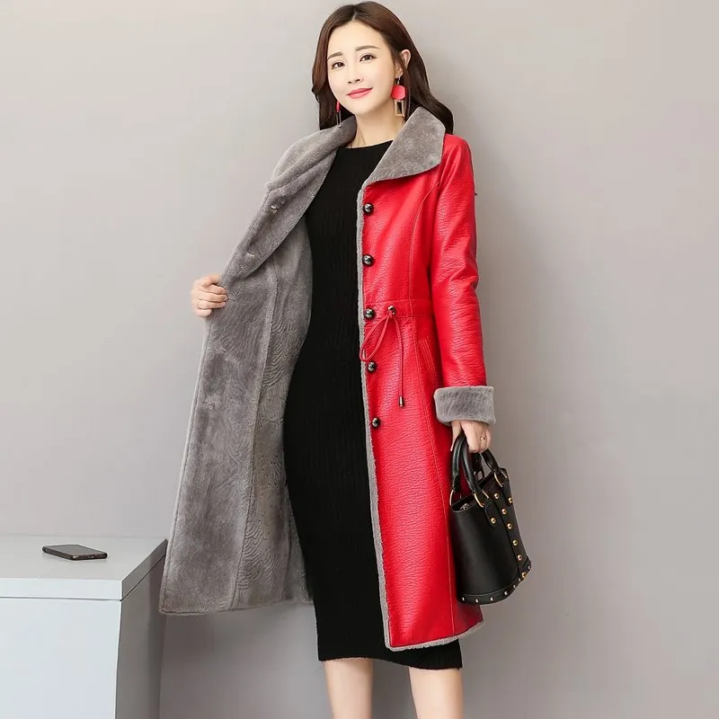 Giacca invernale in pelle da donna Cappotti femminili Trench lungo Abbigliamento Taglie forti Giacca in pelle spessa Cappotto in pelliccia invernale