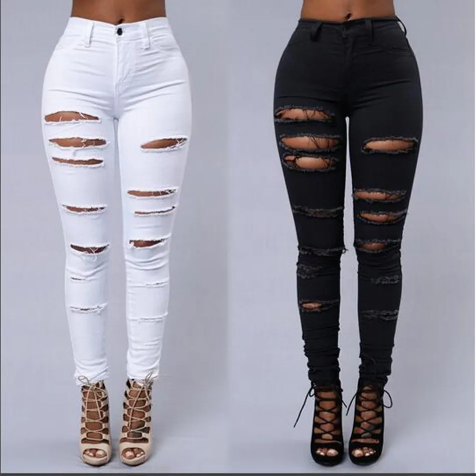 Women's Jeans High Street Women Skinny Sexy Ripped Skin Tight Fashion Black And White Pencil Denim Pants