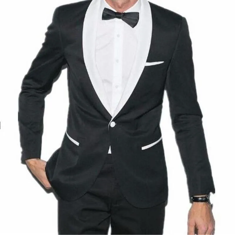 Högkvalitativ Svart Män Bröllop Tuxedos Utmärkt brudgum Tuxedos Vit Shawl Lapel One Button Men Blazer 2 Piece Suit (Jacka + Byxor + Tie) 1366