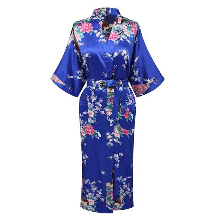 2018 Nuovo arrivo Blue Women Satin Kimono Bath Gown Lady Summer Sexy Robe Camicia da notte Fiore Pigiama Taglia S M L XL XXL XXXL A-103