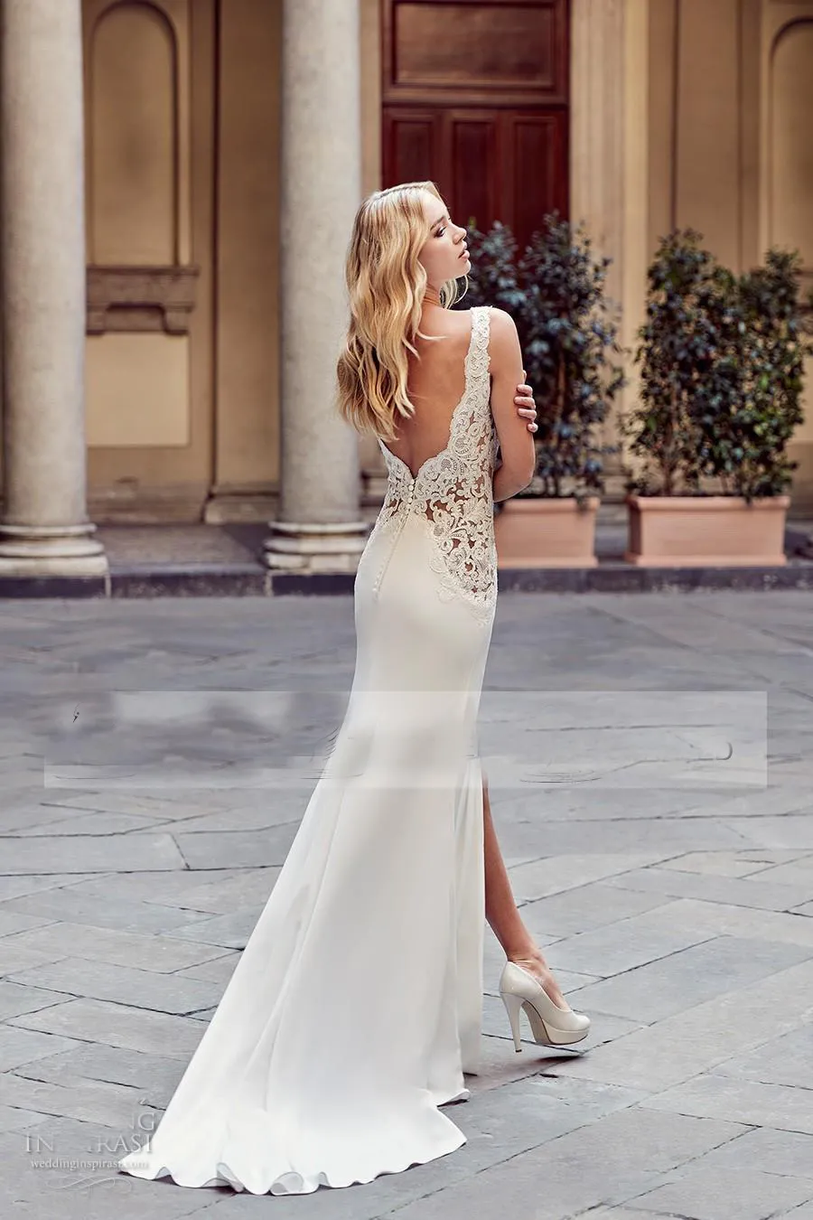 Modern Sheath Slim Greek Wedding Dresses Sexy Deep V Neck Boho Front Split Beaded Bridal Gowns Custom 20184359615